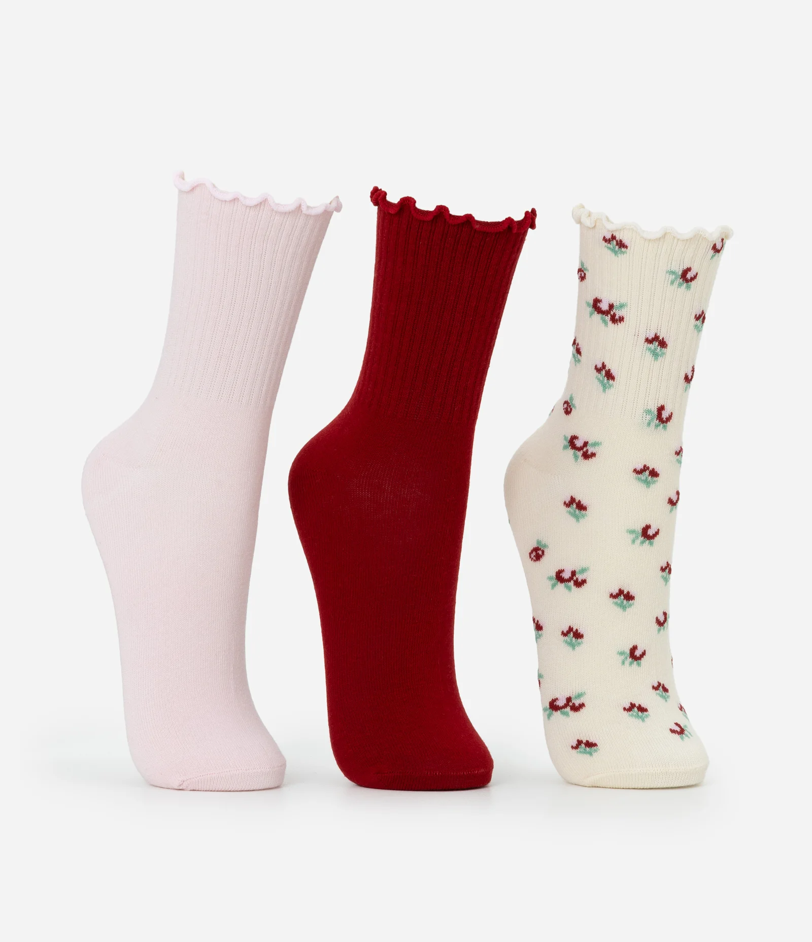 Kit 03 Meias Cano Médio em Algodão com Punho em Picot Multicores 2