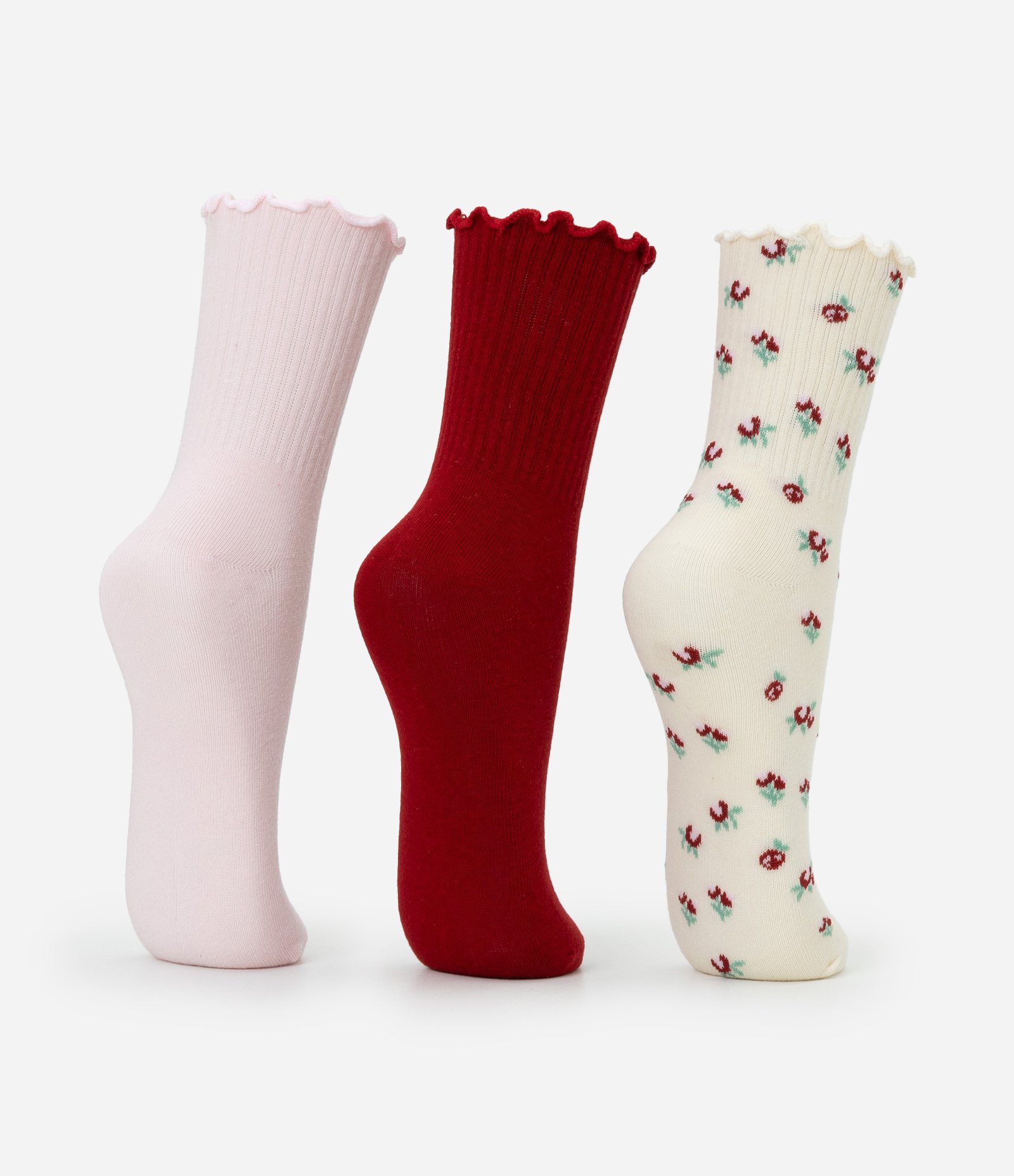 Kit 03 Meias Cano Médio em Algodão com Punho em Picot Multicores 3