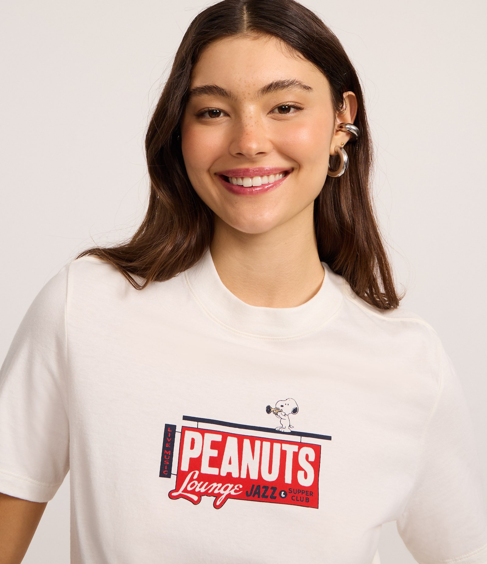 Camiseta em Algodão com Estampa de Jazz do Snoopy Branco 4