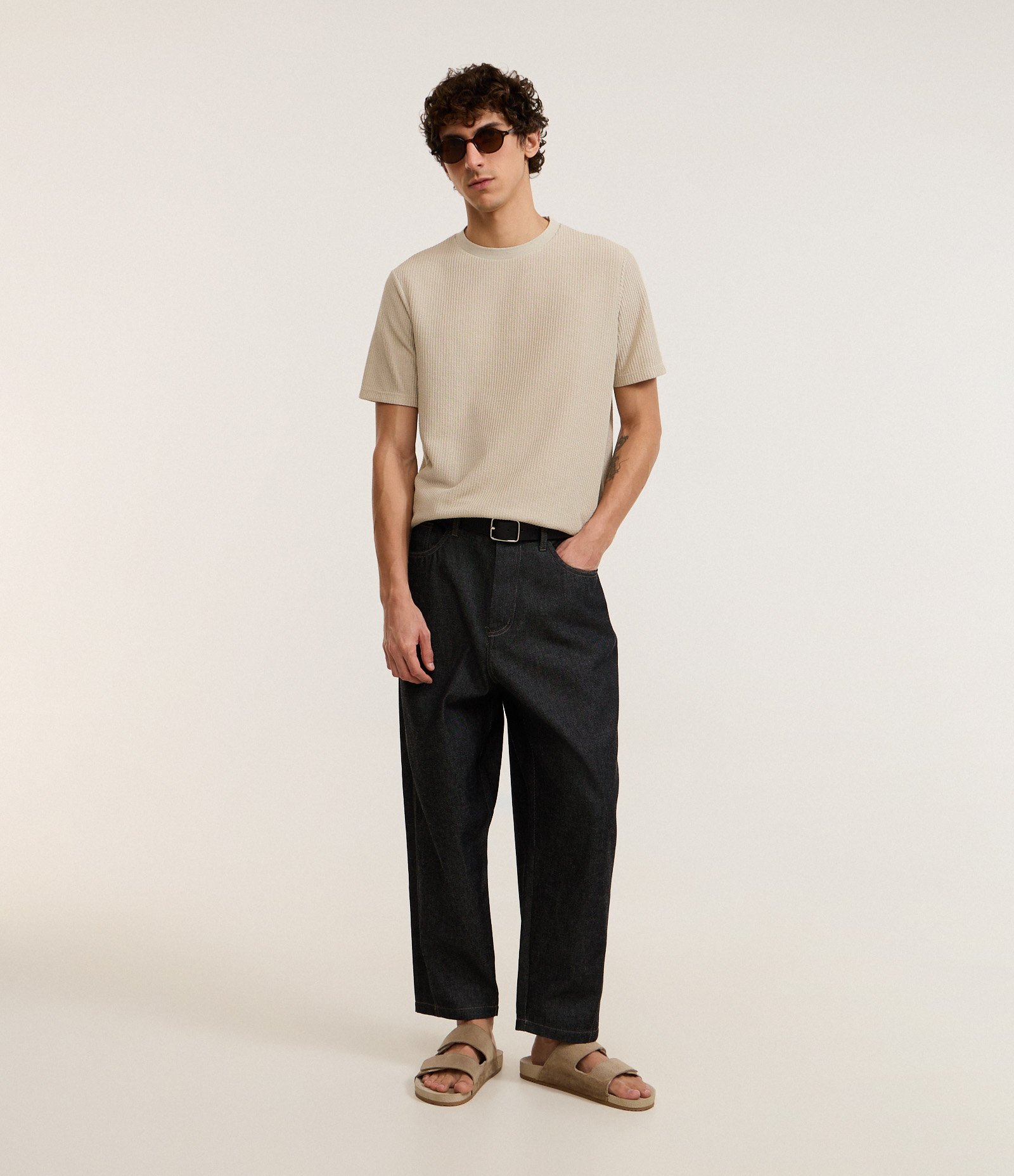 Camiseta T-shirt em Algodão Canelada Bege 2