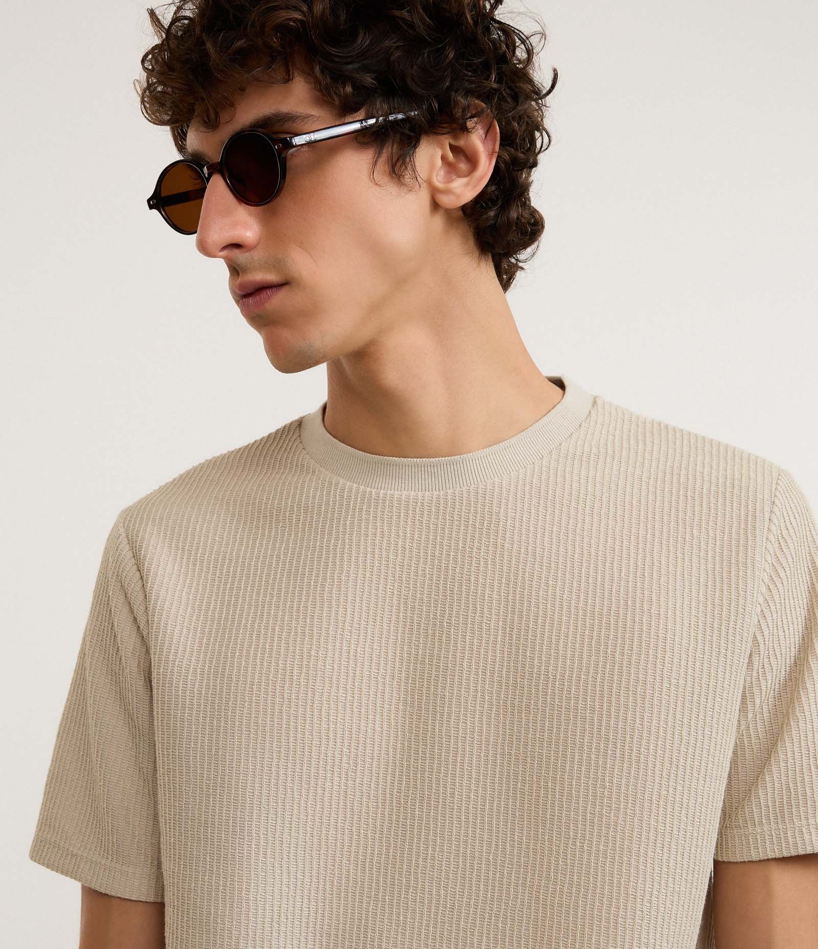 Camiseta T-shirt em Algodão Canelada Bege 3