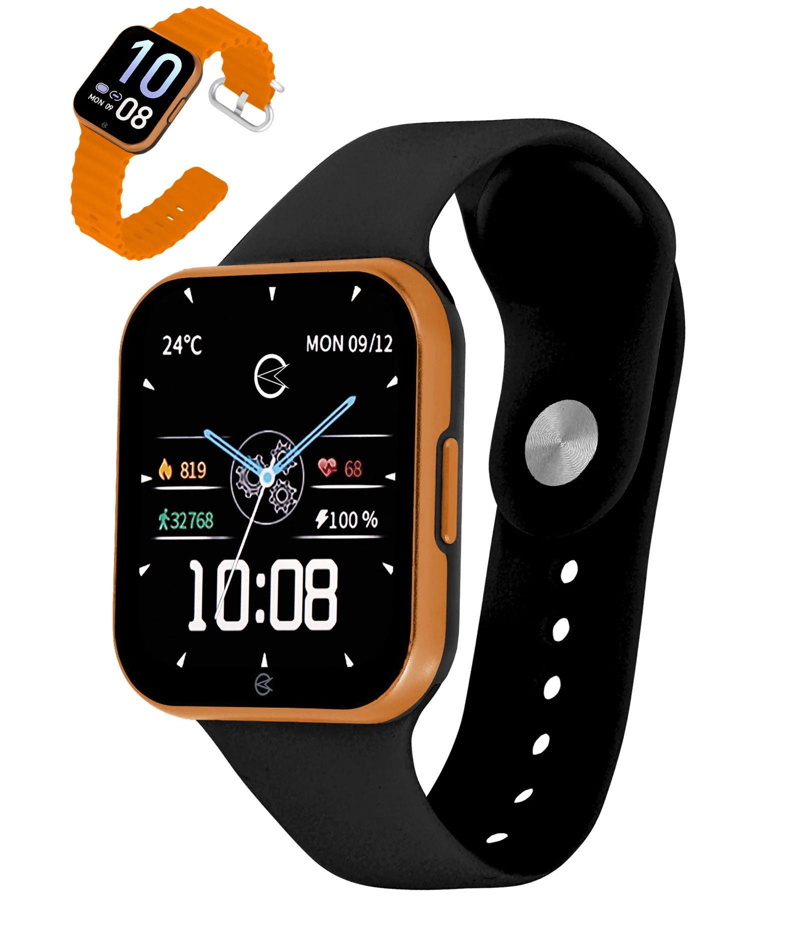 Relógio Smartwatch Silicone e Metal Preto + Pulseira Laranja Champion Preto 1