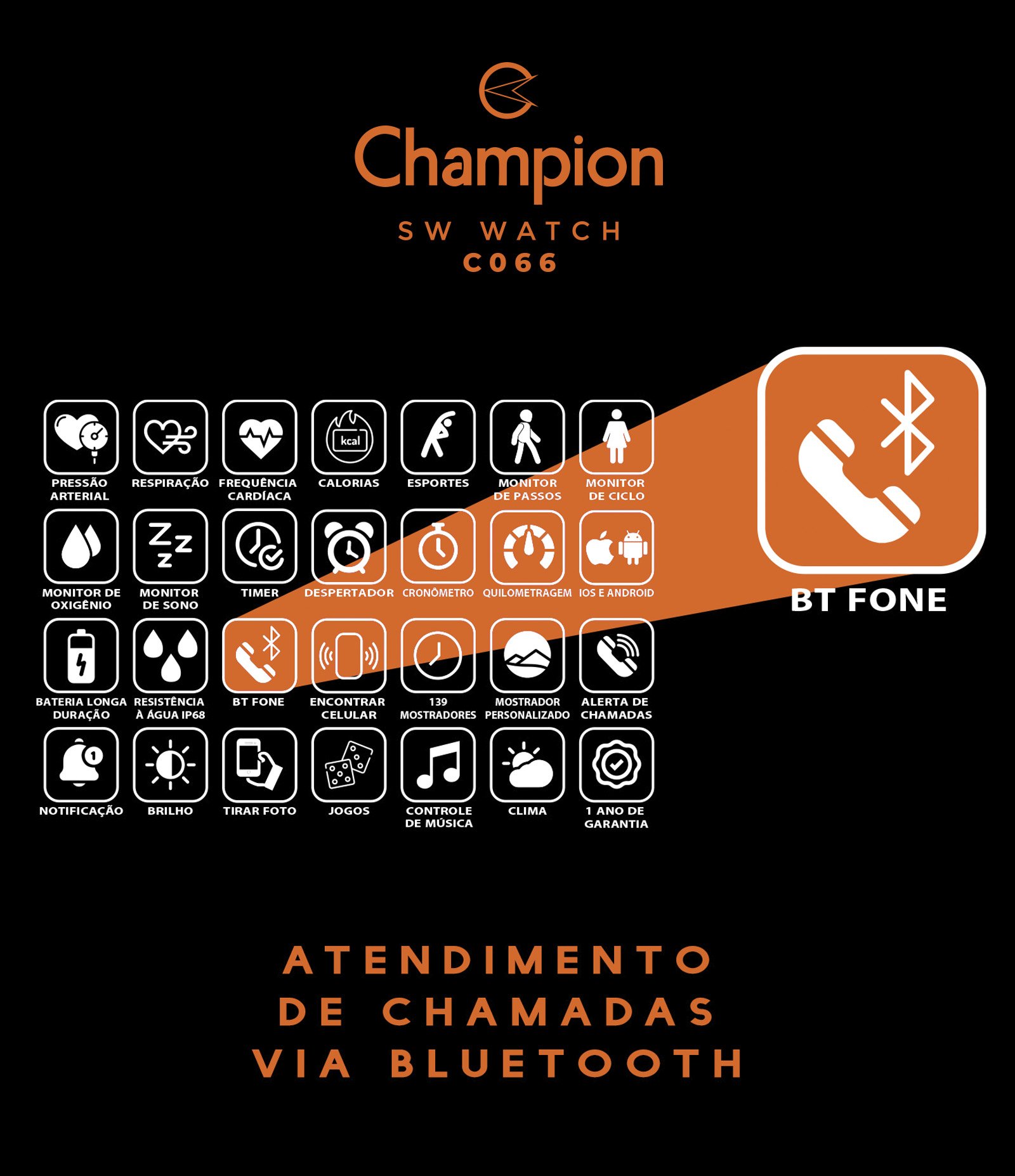 Relógio Smartwatch Silicone e Metal Preto + Pulseira Laranja Champion Preto 2