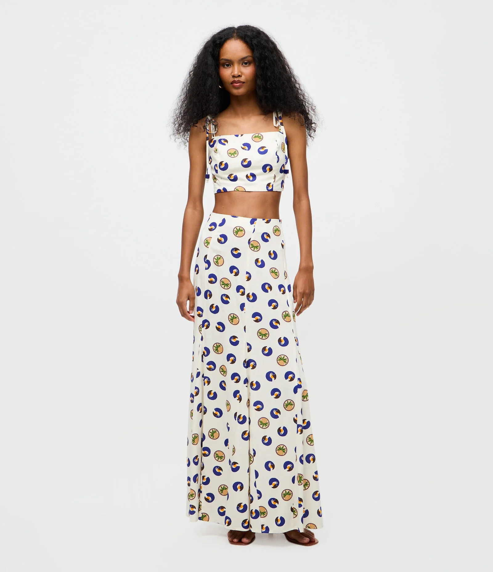 Saia Longa em Viscolinho com Estampa Tropical Off White 1