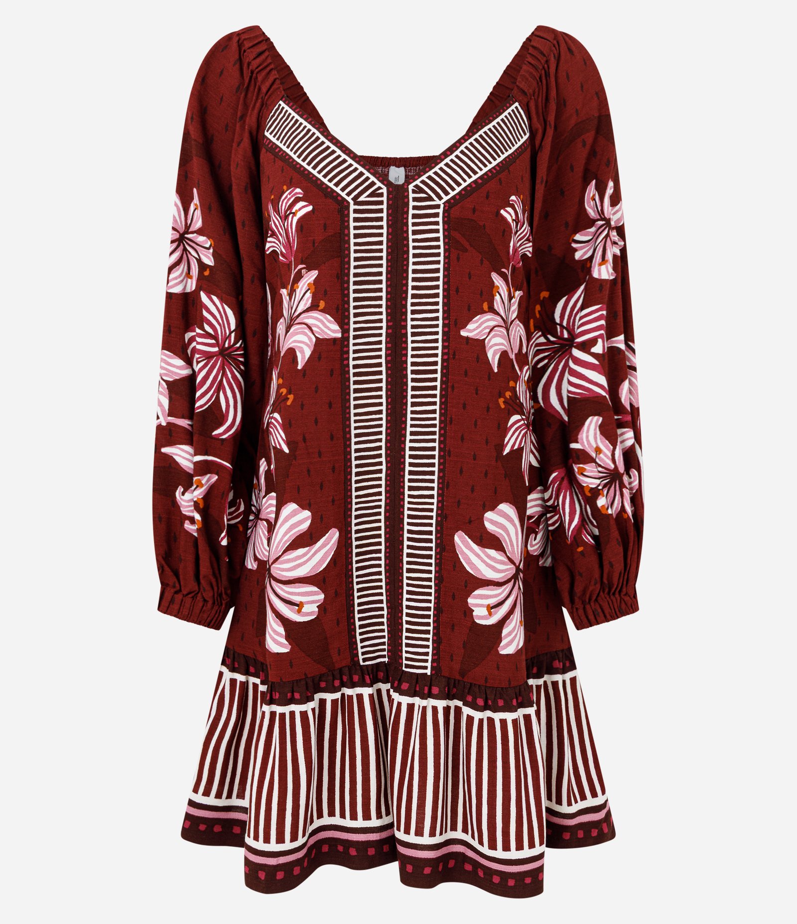 Vestido Curto Estampa Folhagem com Decote V Vermelho 1