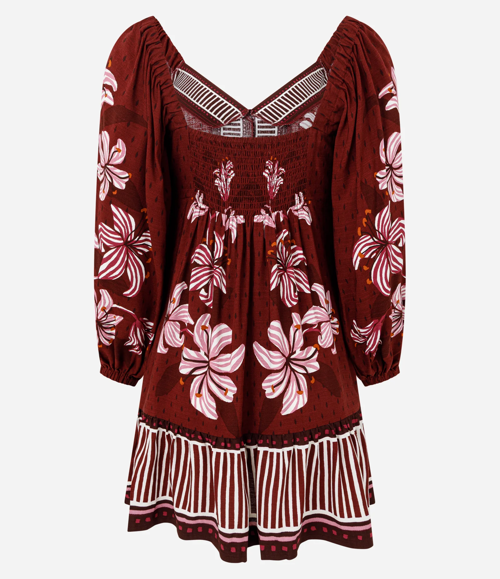 Vestido Curto Estampa Folhagem com Decote V Vermelho 2