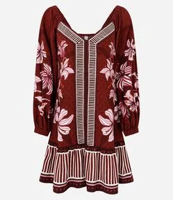 Vestido Curto Estampa Folhagem com Decote V