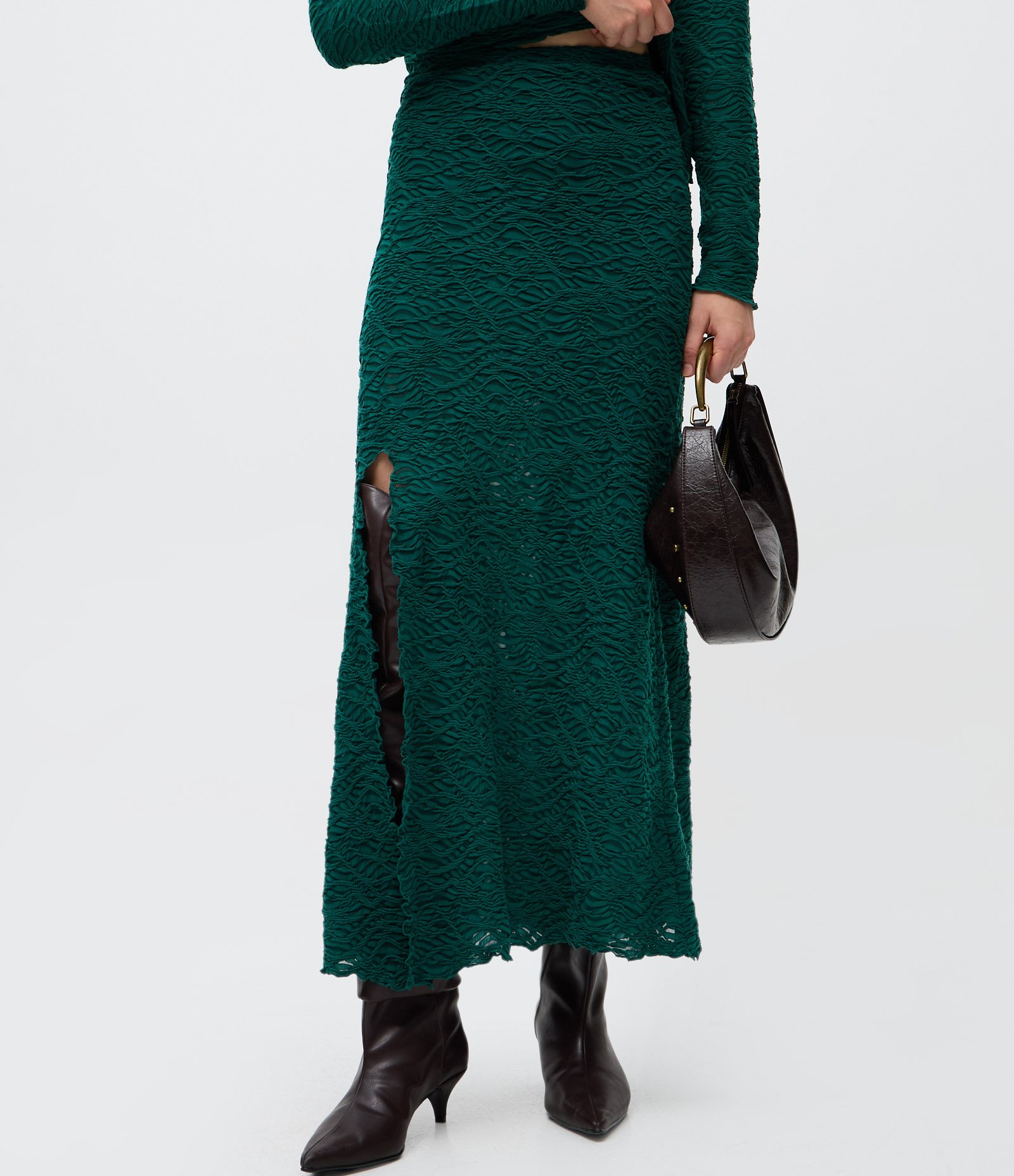 Saia Longa em Tricô Texturizado com Fenda Assimétrica Verde 3