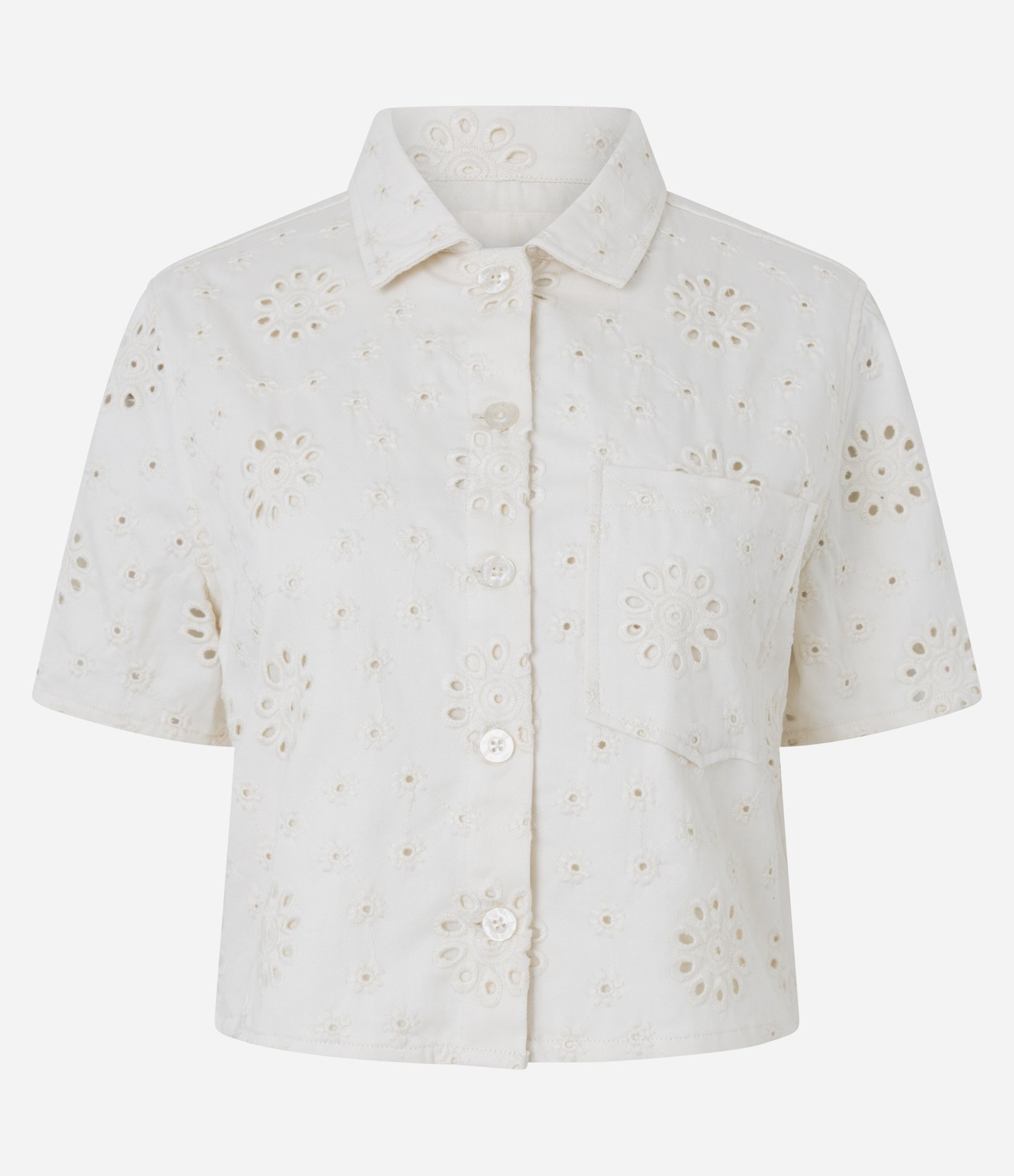 Camisa Curta em Sarja com Laise Floral e Bolsinho Off White 5