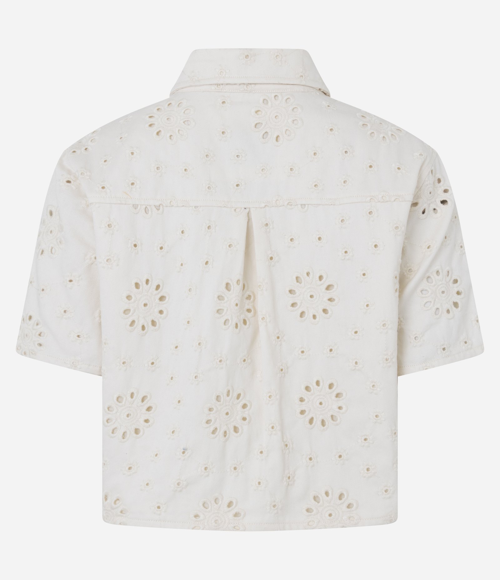 Camisa Curta em Sarja com Laise Floral e Bolsinho Off White 7