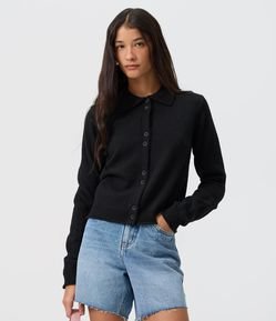 Cardigan em Tricô com Botões e Gola Polo