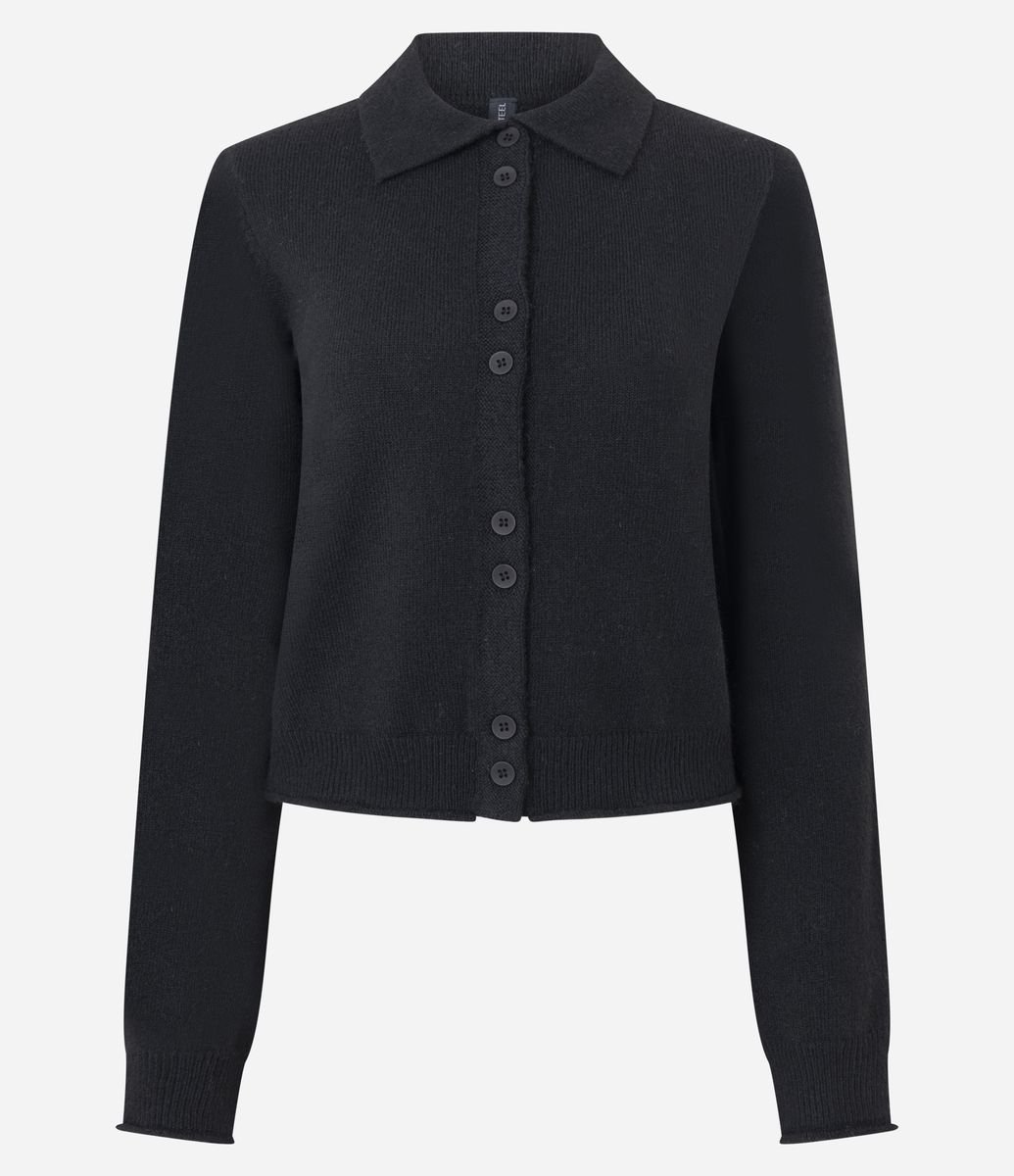 Cardigan em Tricô com Botões e Gola Polo Preto