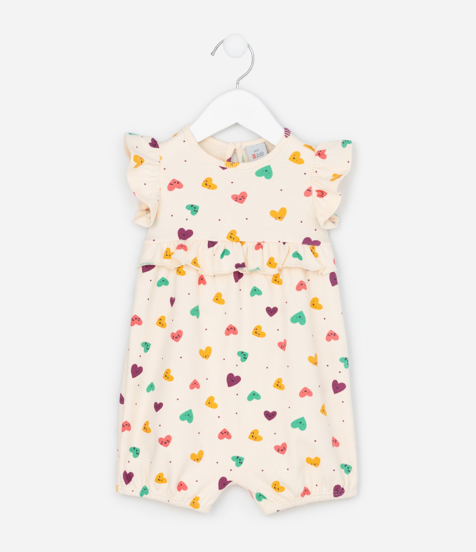 Macacão Infantil com Babadinhos e Estampa de Corações - Tam RN a 18 Meses Bege 1