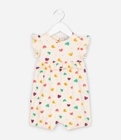 Macacão Infantil com Babadinhos e Estampa de Corações - Tam RN a 18 Meses