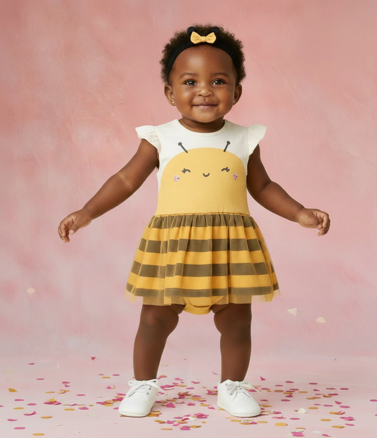 Vestido Body Infantil Estampa Abelhinha com Tiara de Cabelo - Tam 0 a 18 meses Amarelo 1