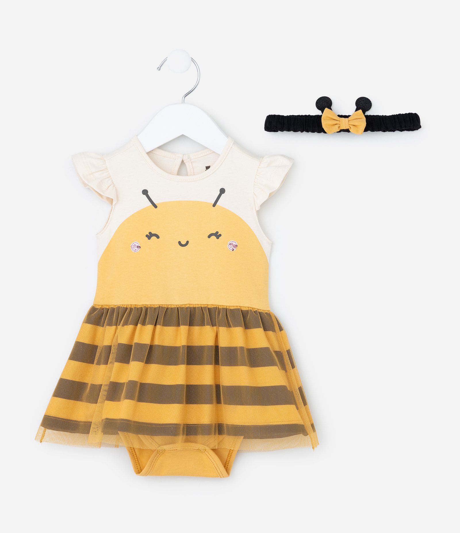 Vestido Body Infantil Estampa Abelhinha com Tiara de Cabelo - Tam 0 a 18 meses Amarelo 1