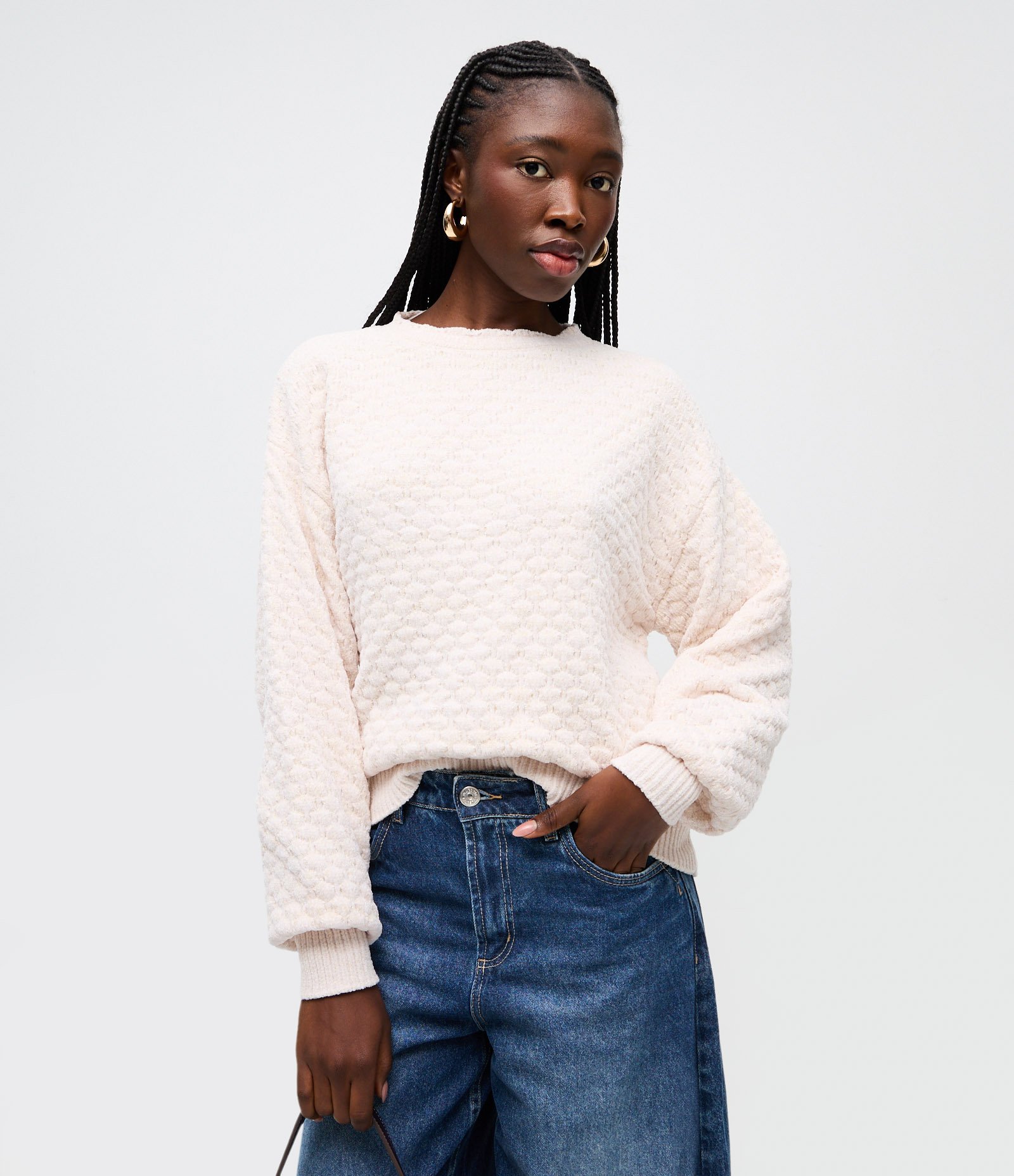 Blusão em Tricô com Detalhe na Gola e Punhos Off White 1