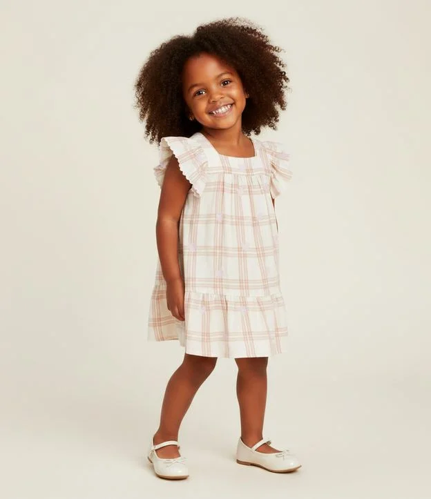 Vestido Infantil em Tricoline com Estampa Xadrez - Tam 1 a 6 Anos