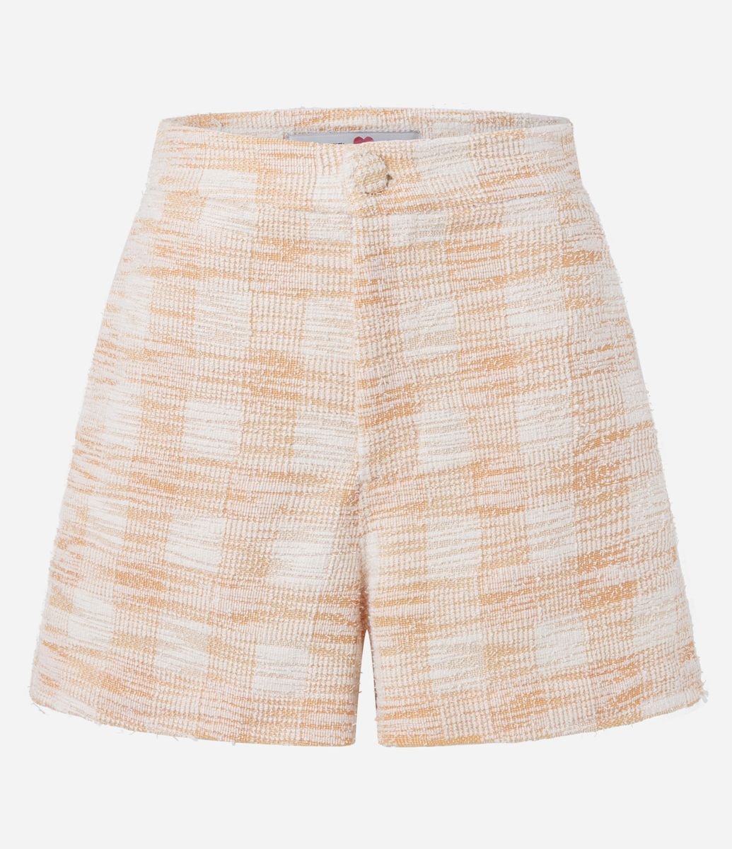 Short Cintura Alta em Tweed Xadrez com Barra a Fio Salmão