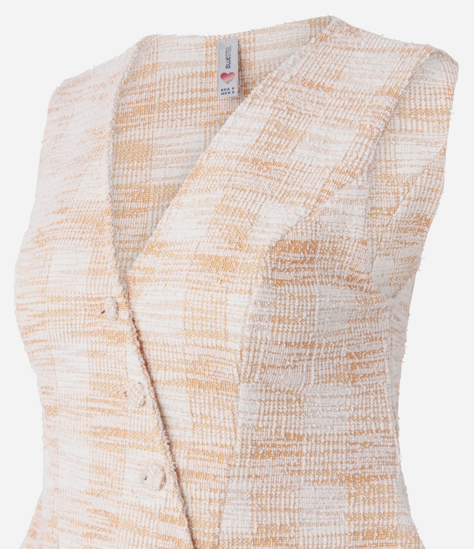 Colete em Tweed Xadrez com Botões Forrados e Barra V Salmão 6
