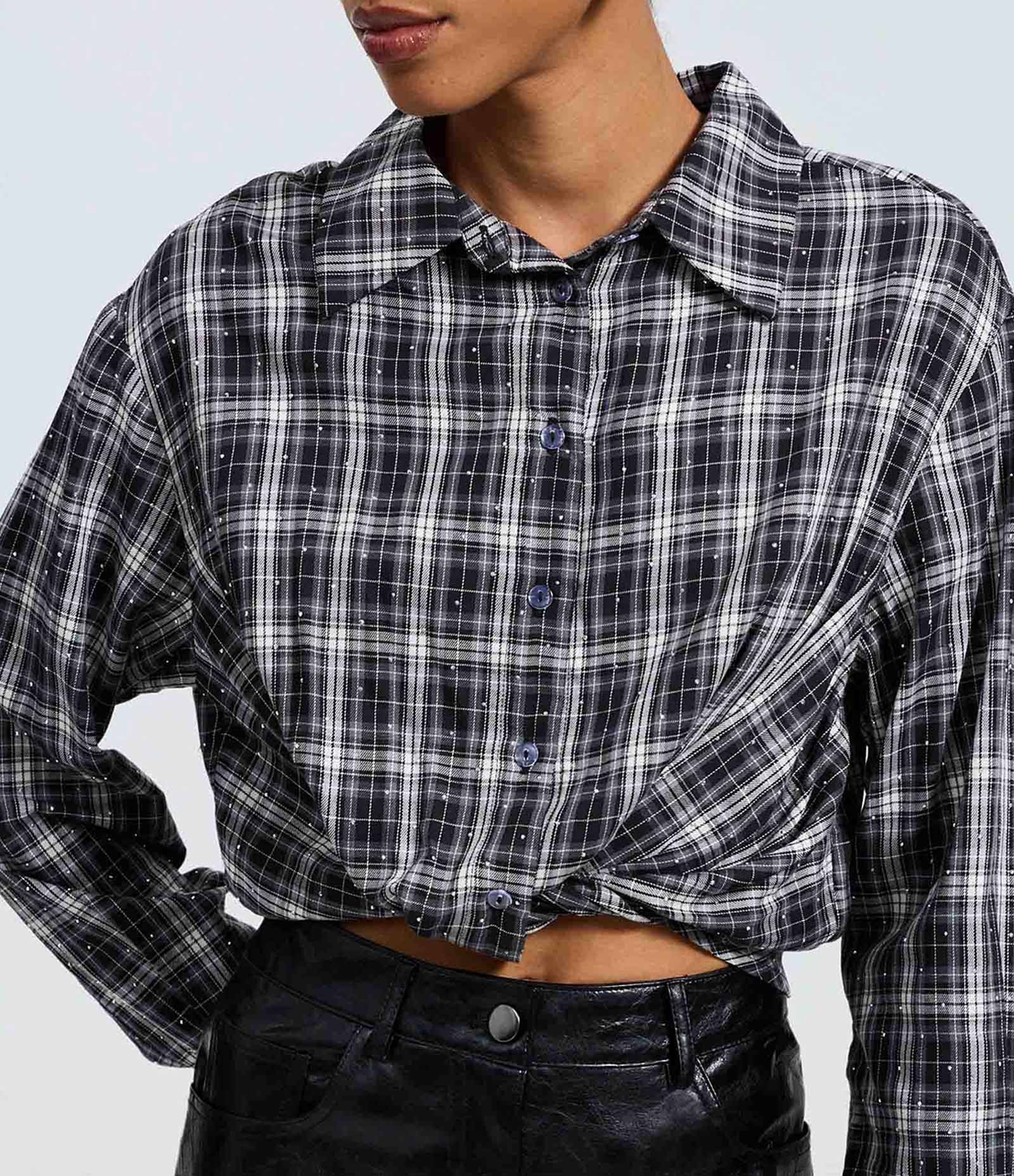 Camisa Xadrez em Flanela com Amarração e Brilhos Preto 3