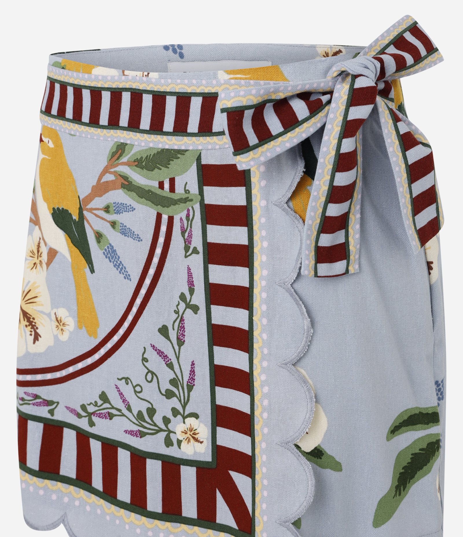 Short Saia Viscolinho Estampa Pássaros com Amarração Azul 2
