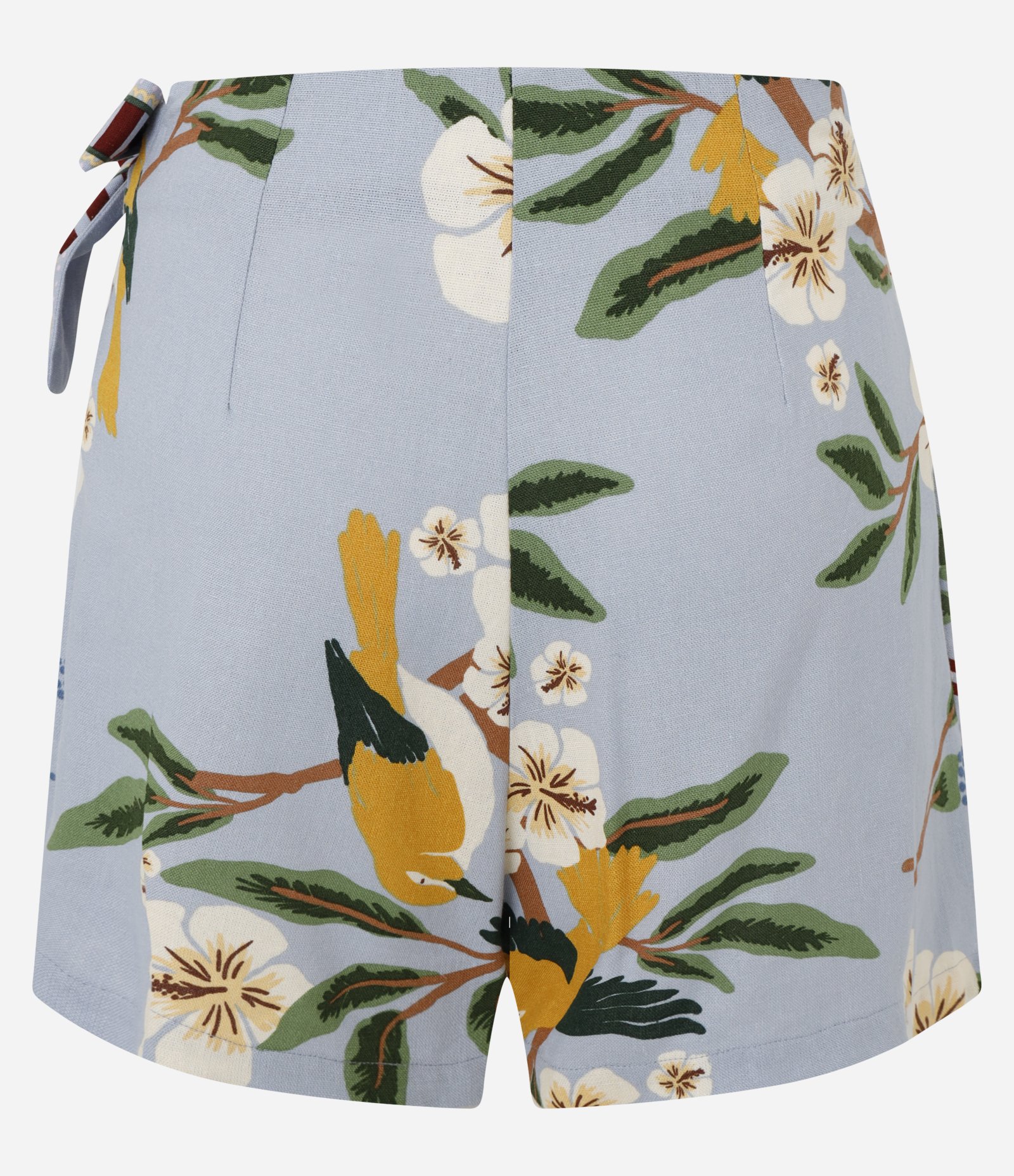 Short Saia Viscolinho Estampa Pássaros com Amarração Azul 3