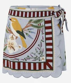 Short Saia Viscolinho Estampa Pássaros com Amarração
