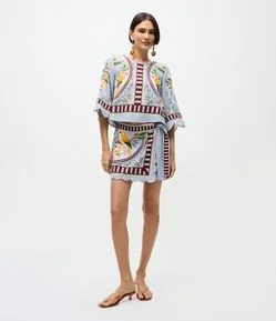 Short Saia Viscolinho Estampa Pássaros com Amarração