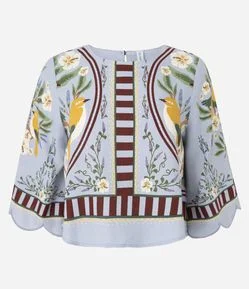 Blusa Viscolinho Estampa Pássaros com Manga 3/4