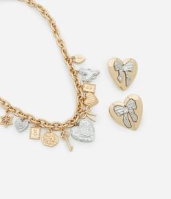 Conjunto de Colar com Pingentes Variados Bicolor e Brinco Coração com Laço