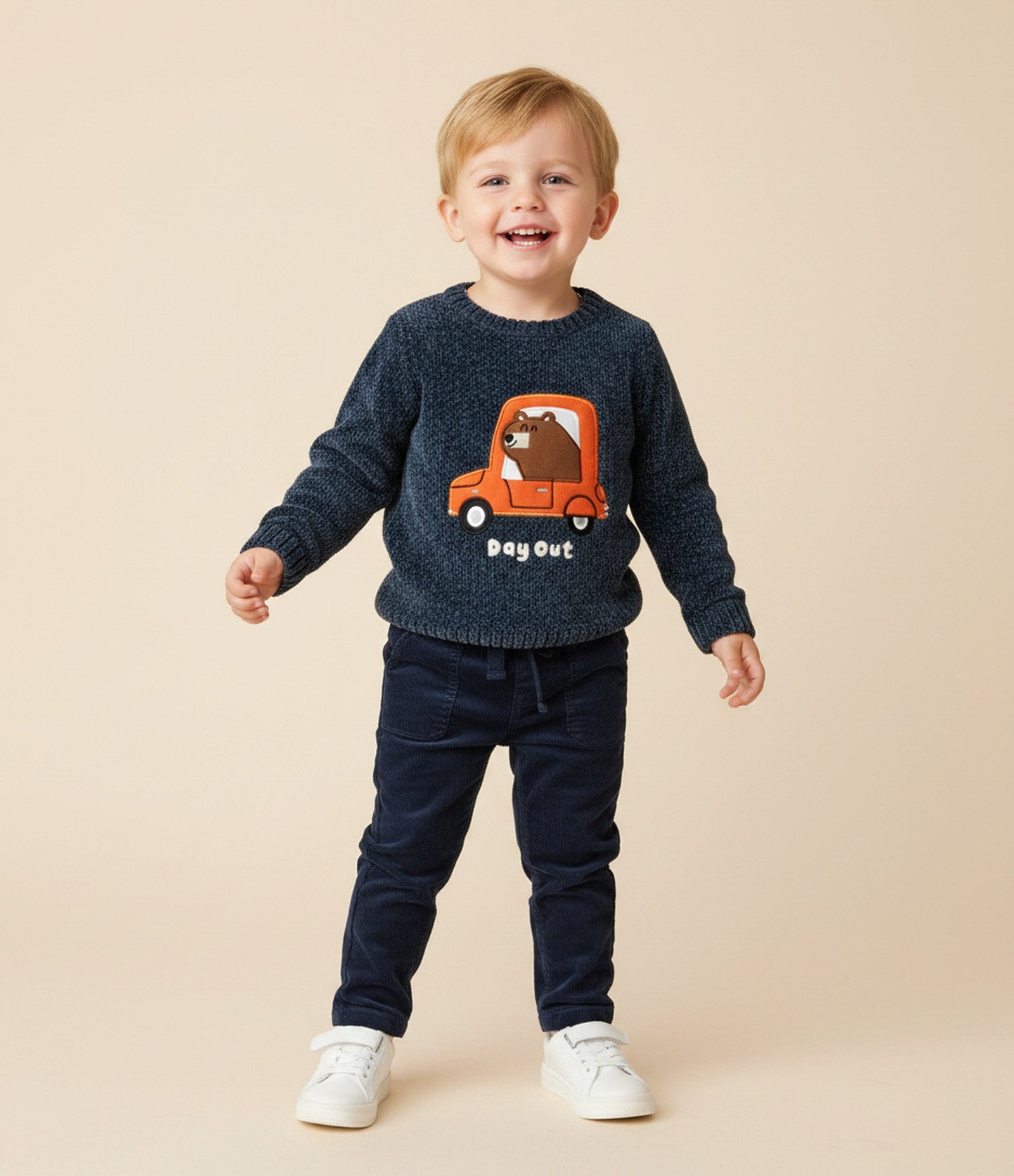 Suéter Infantil em Chenille com Urso de Carro – Tam 1 a 6 Anos Azul Marinho 1