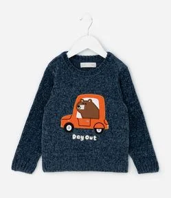 Suéter Infantil em Chenille com Urso de Carro – Tam 1 a 5/6 Anos