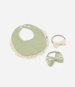 Kit Infantil de Babador e Faixas de Cabelo com Laço - Tam U