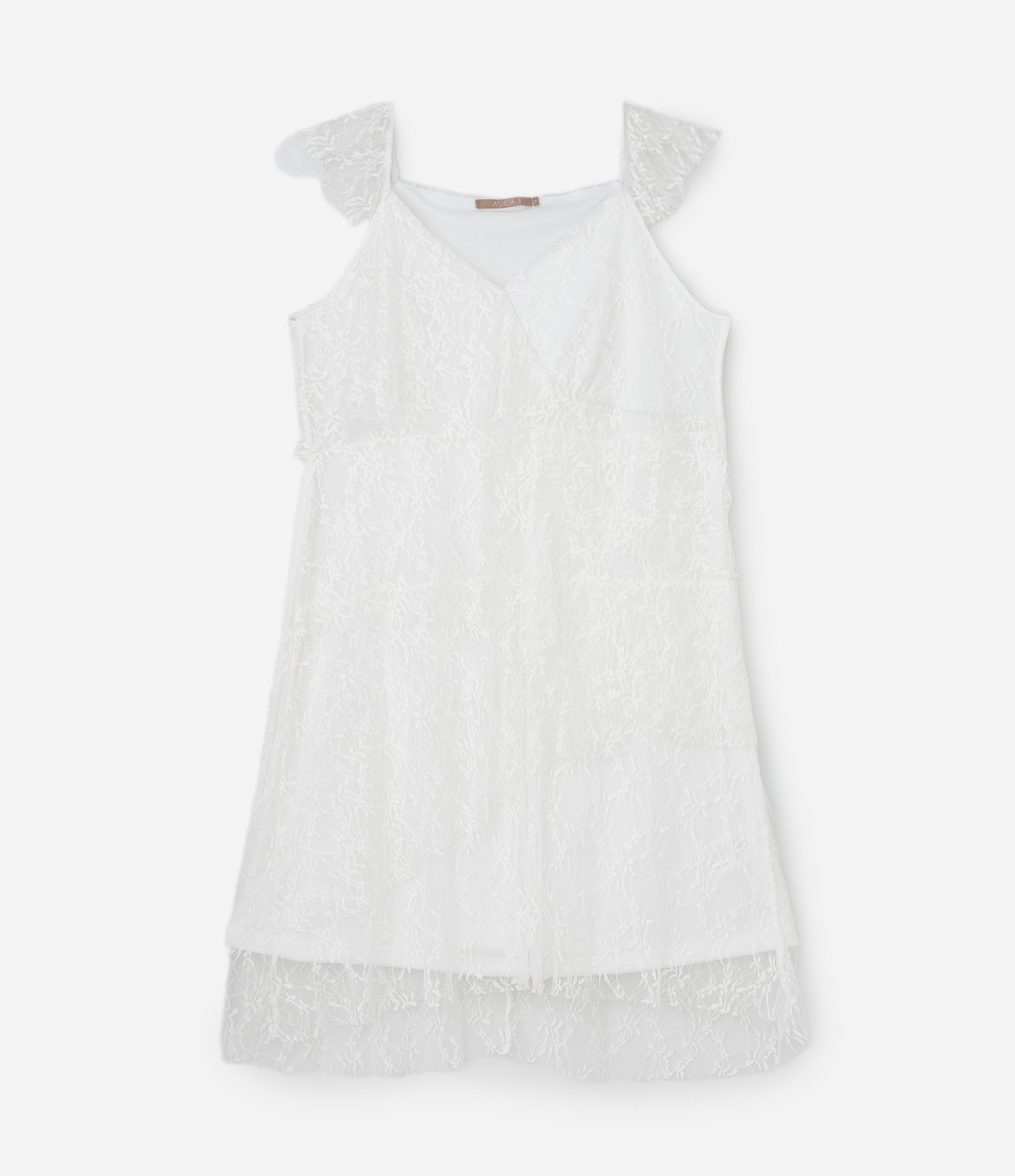 Vestido Curto em Renda com Babados Curve & Plus Size Branco 1