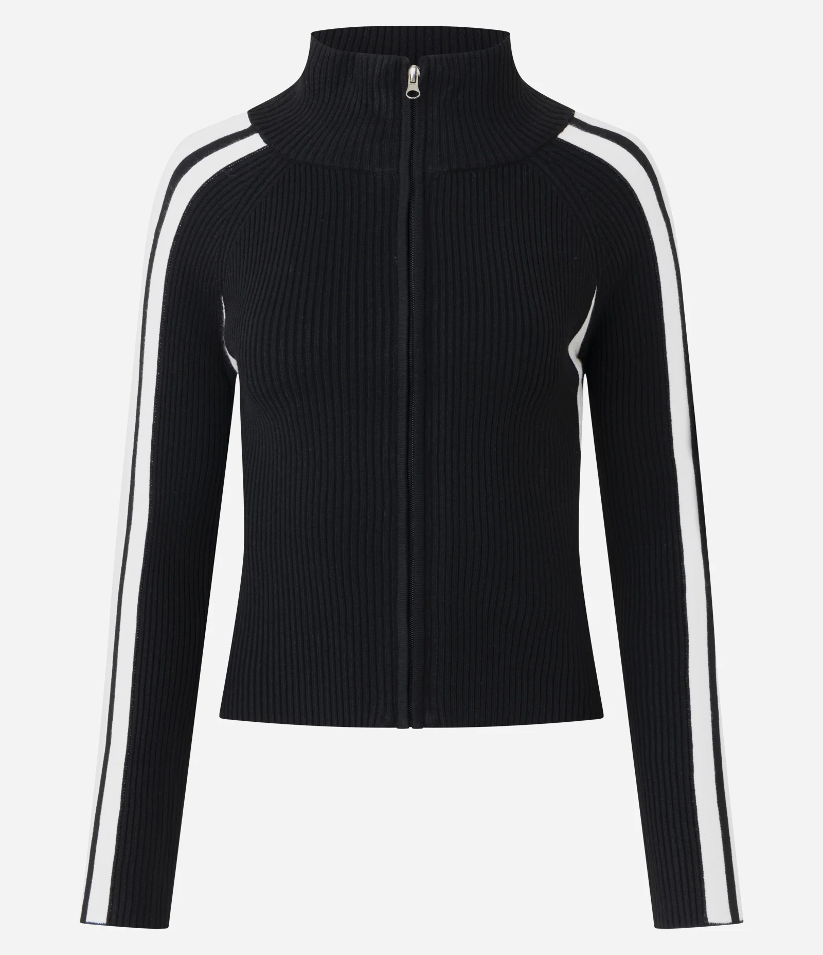 Blusa em Tricô com Zíper e Listras Contrastantes nas Mangas Preto 5