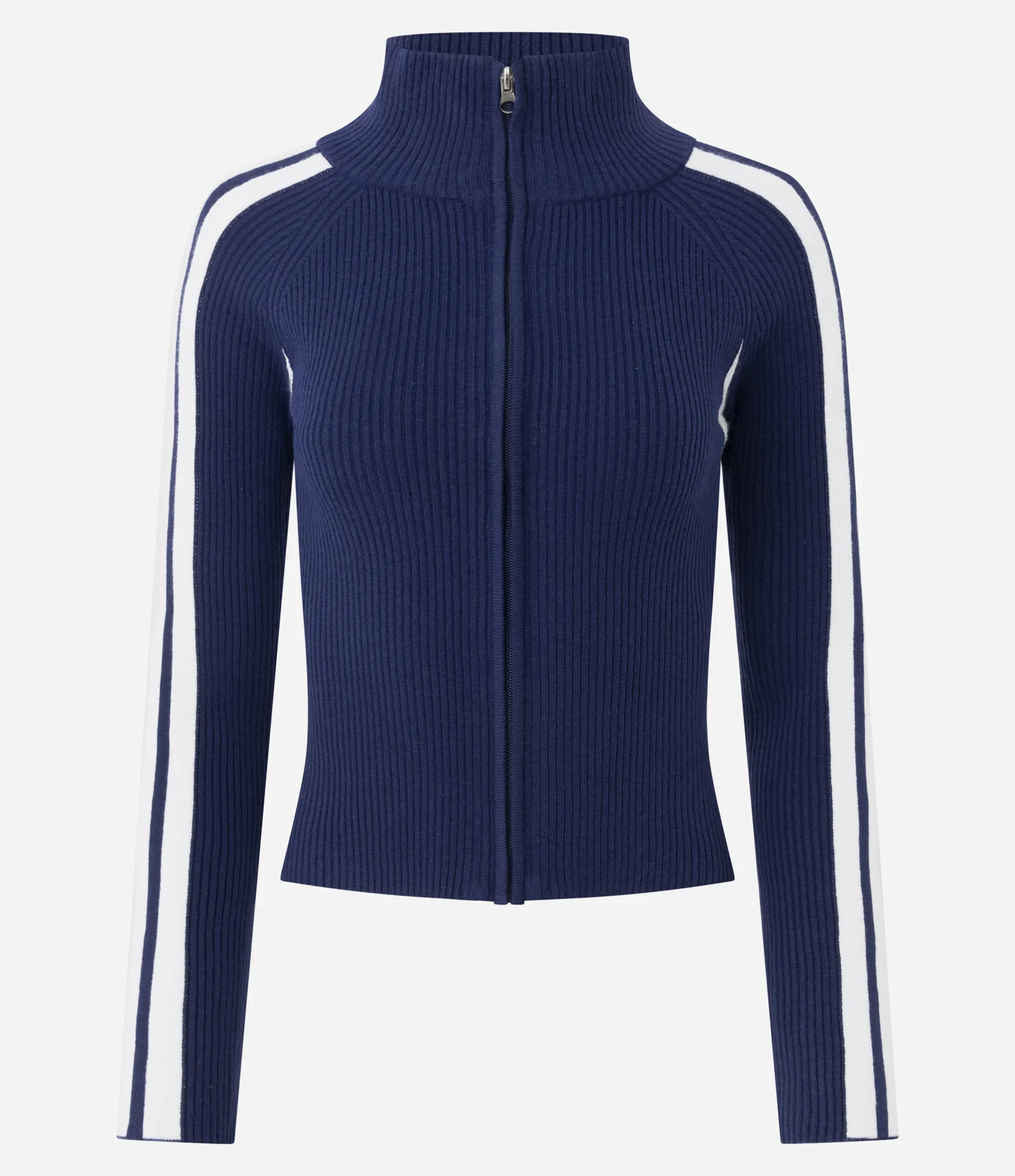 Blusa em Tricô com Zíper e Listras Contrastantes nas Mangas Azul 5