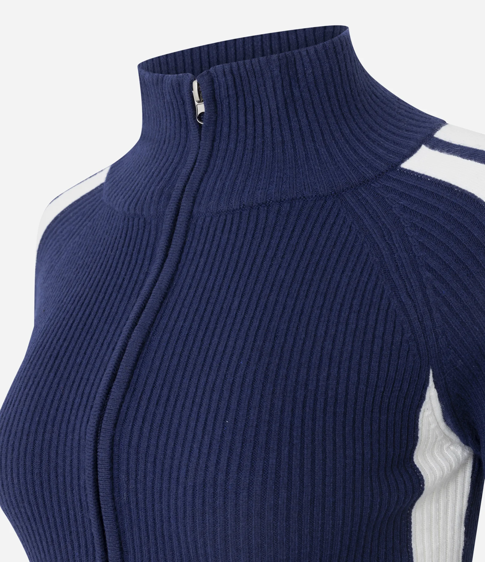 Blusa em Tricô com Zíper e Listras Contrastantes nas Mangas Azul 6