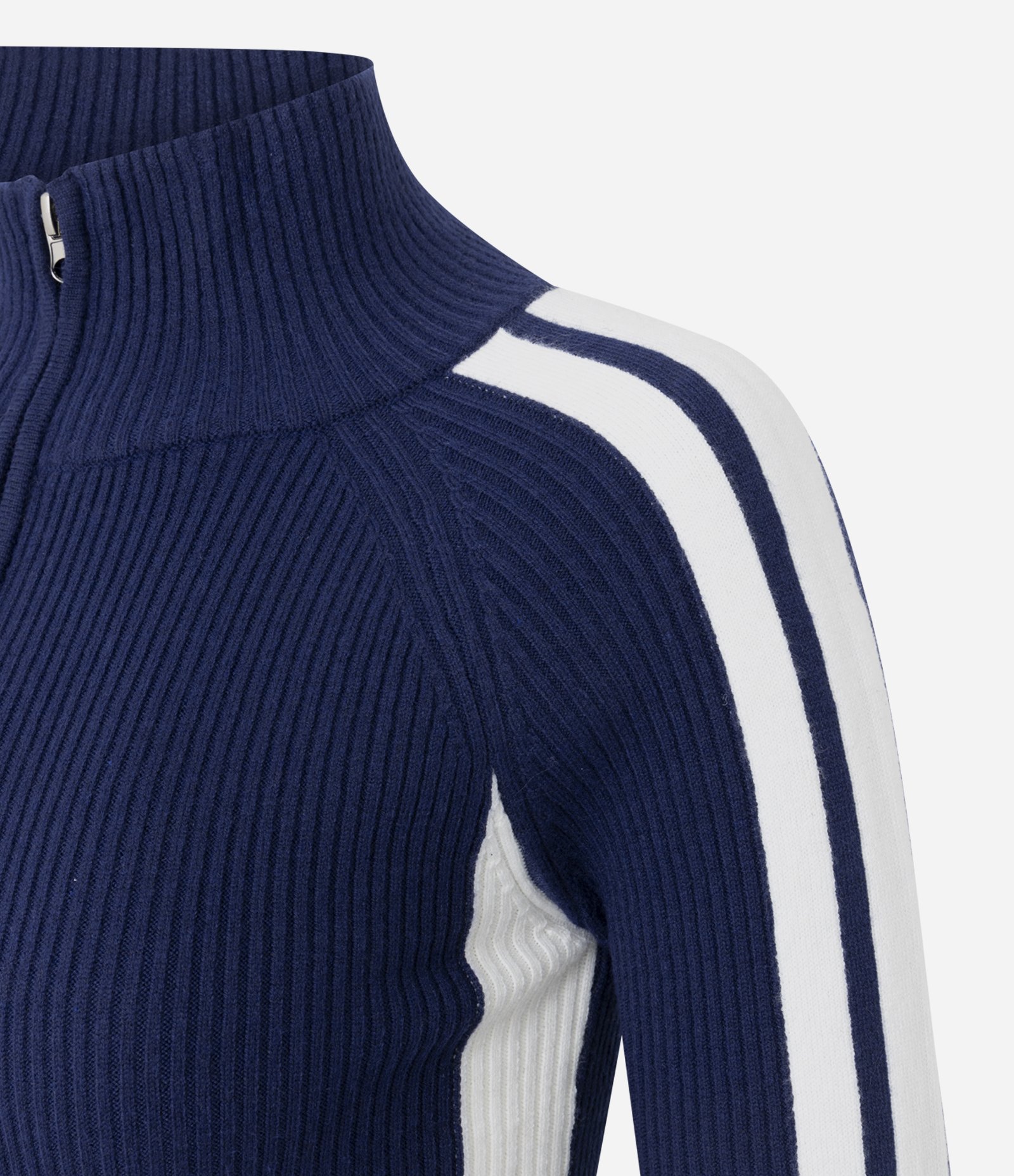 Blusa em Tricô com Zíper e Listras Contrastantes nas Mangas Azul 7