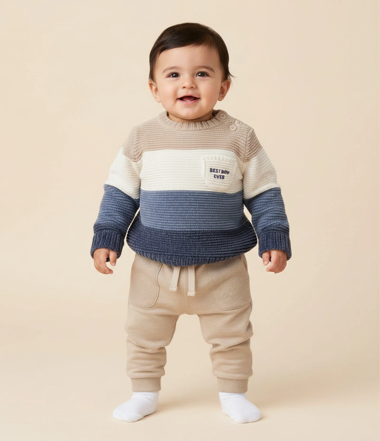 Casaco Infantil em Tricô Chenille com Blocos de Cores – Tam 0 a 18 Meses Bege/Branco/Azul 1