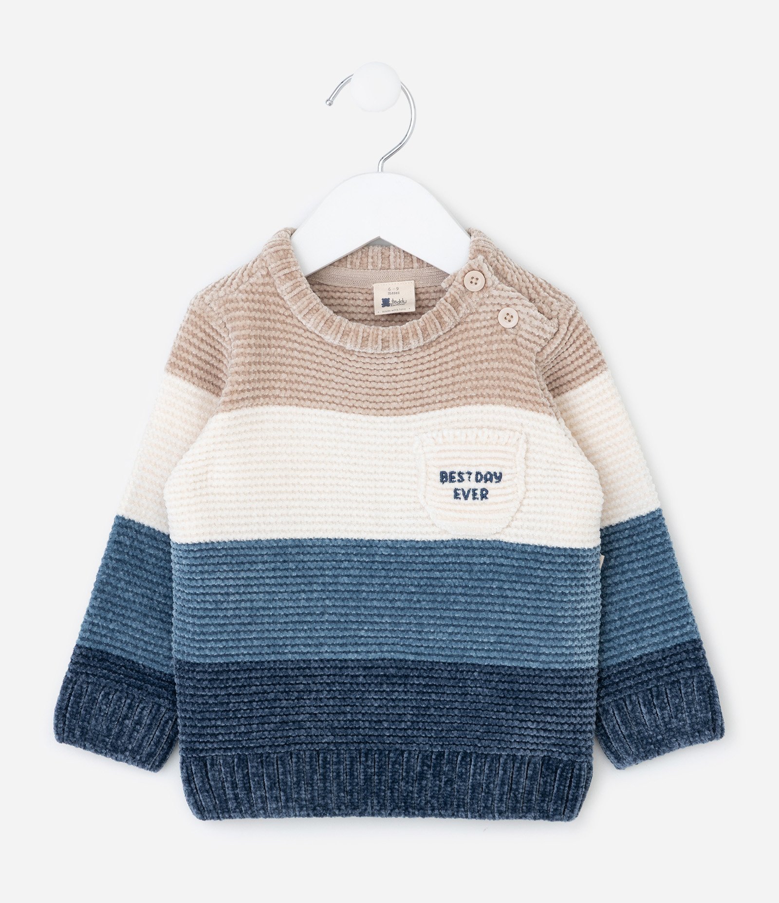 Casaco Infantil em Tricô Chenille com Blocos de Cores – Tam 0 a 18 Meses Bege/Branco/Azul 2