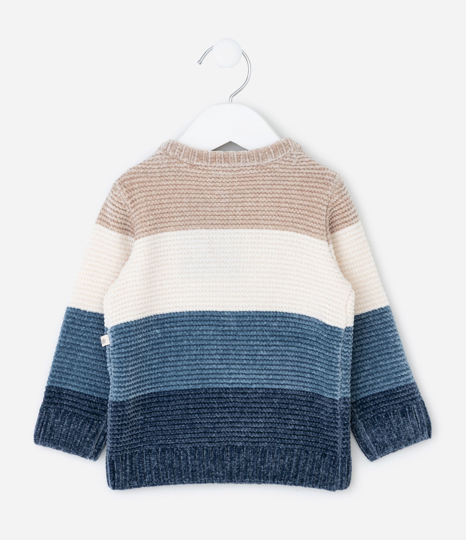 Casaco Infantil em Tricô Chenille com Blocos de Cores – Tam 0 a 18 Meses Bege/Branco/Azul 3