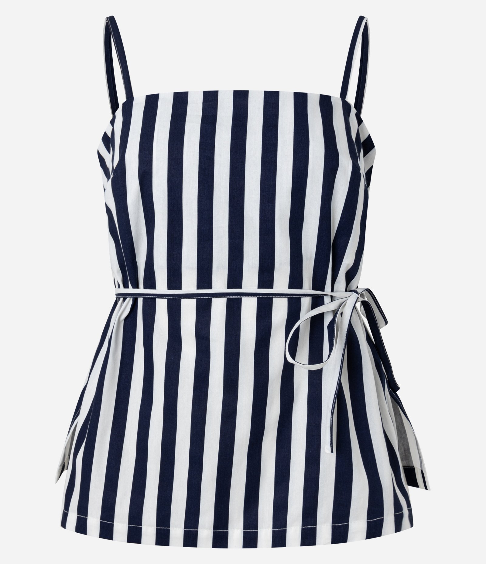 Blusa Listrada de Alça em Tricoline com Amarração Azul Marinho/Branco 4