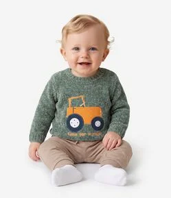 Casaco Infantil em Tricô Chenille com Bordado Trator – Tam 0 a 18 Meses