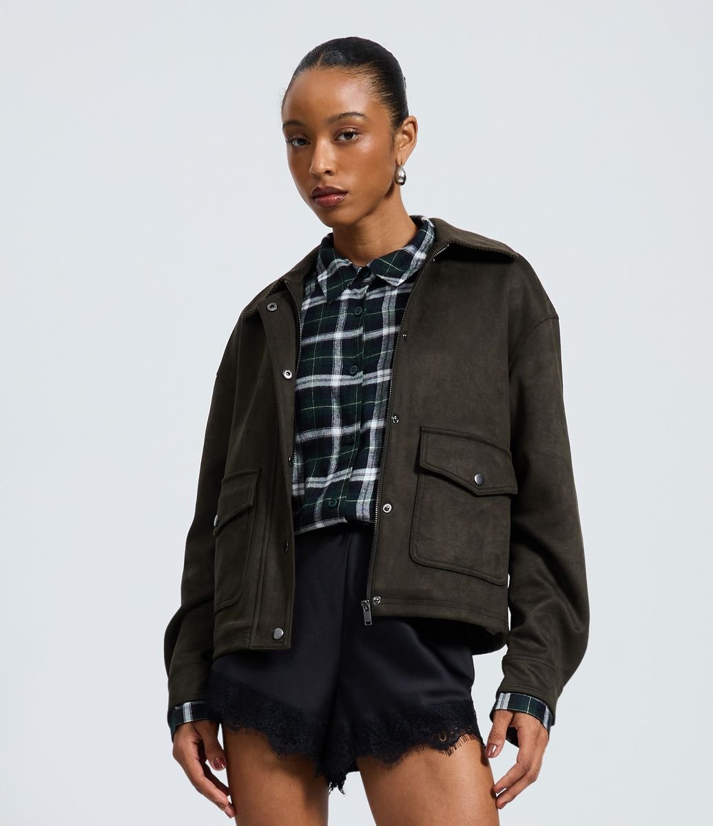 Jaqueta Bomber em Suede com Bolsos Verde