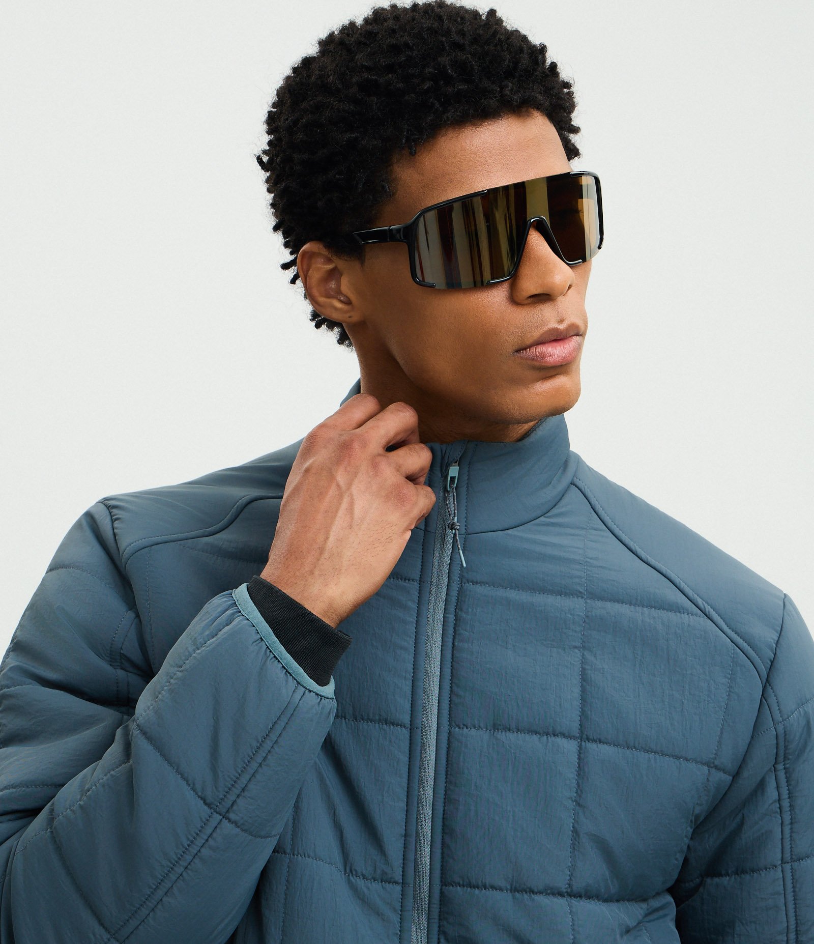 Jaqueta Acolchoada Esportiva com Textura Quadriculada e Zíper Frontal Azul 3