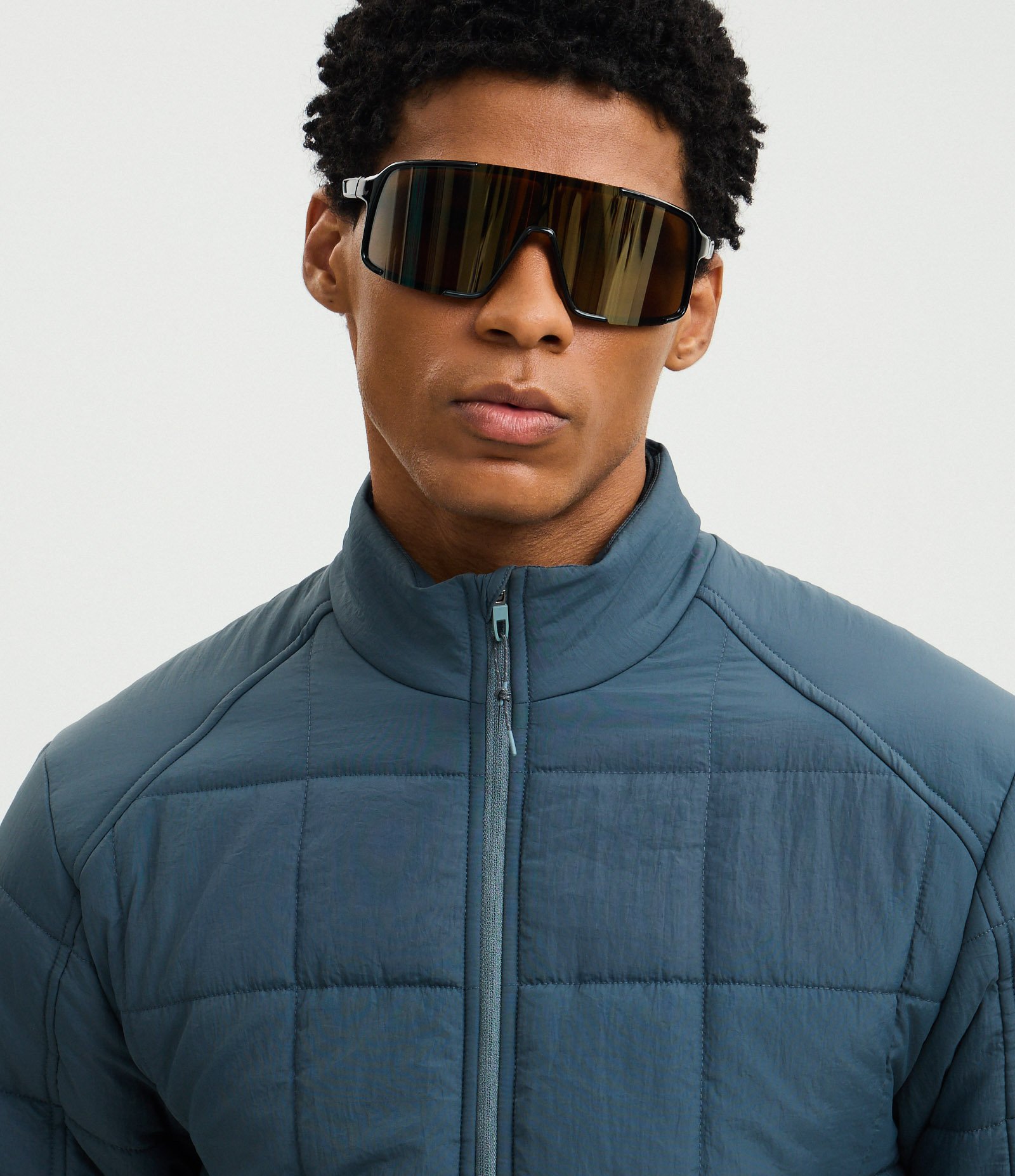 Jaqueta Acolchoada Esportiva com Textura Quadriculada e Zíper Frontal Azul 4