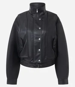 Jaqueta Bomber em PU com Ombro Deslocado