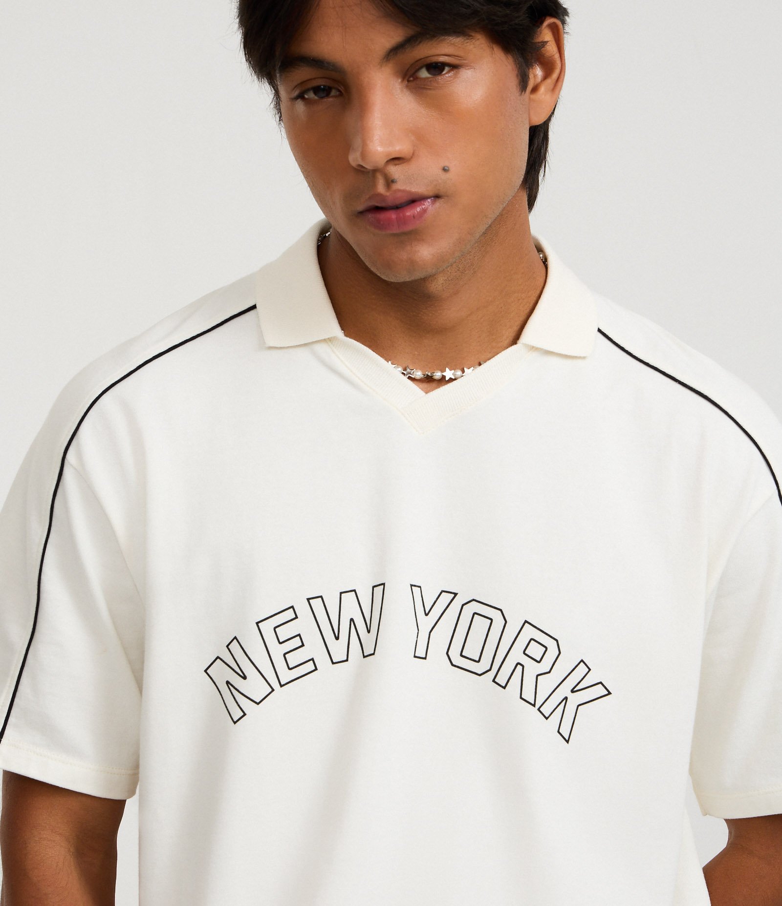 Camiseta Boxy em Algodão Texturizado com Listras e Estampa New York Branco 3