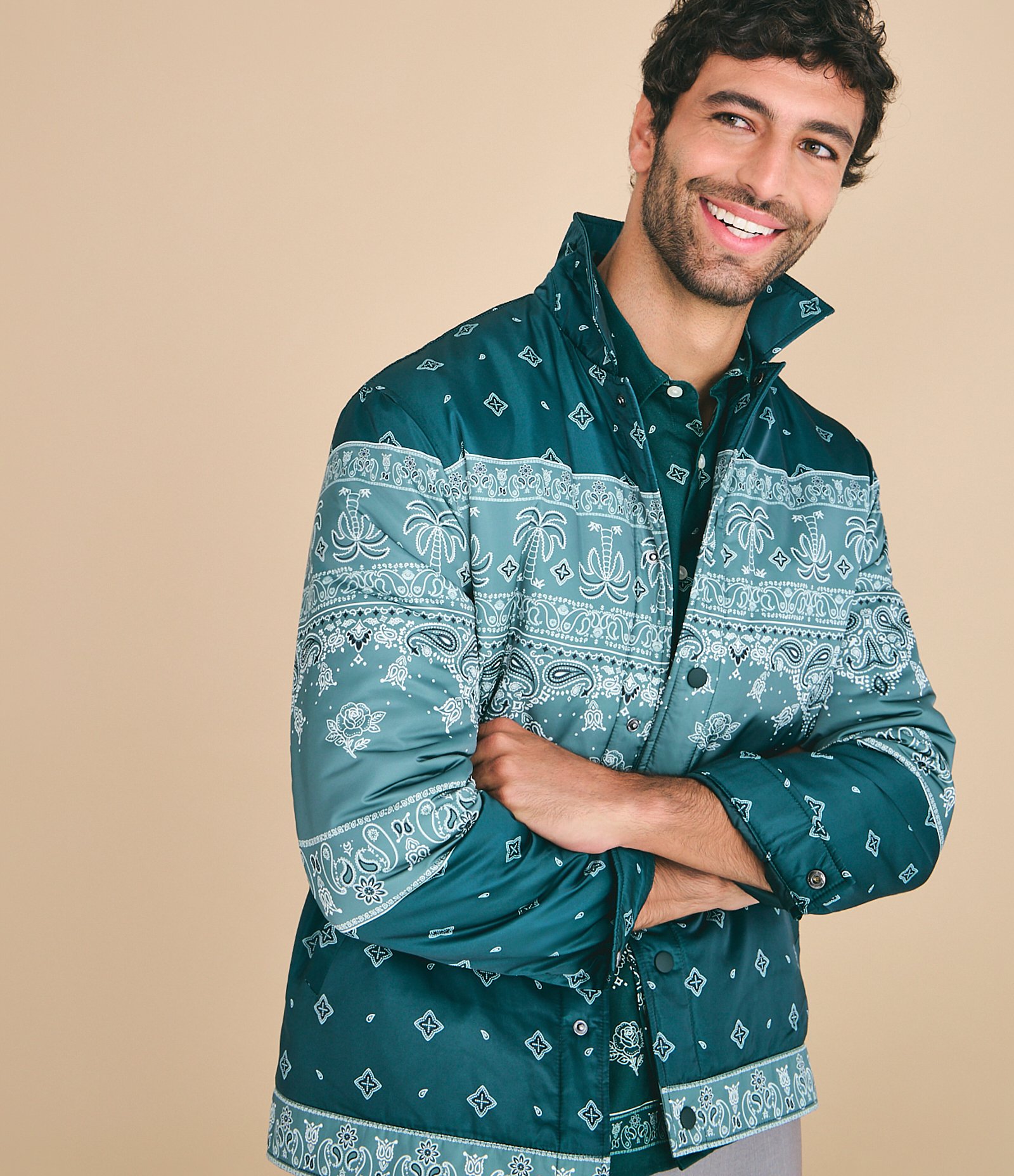 Jaqueta com Estampa Paisley e Bolsos Verde Petróleo 1